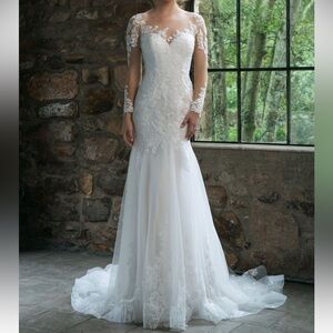 Sincerity llusion Lace Long Sleeve Fit and Flare Gown Sz 10 #44061 Ivory Nude